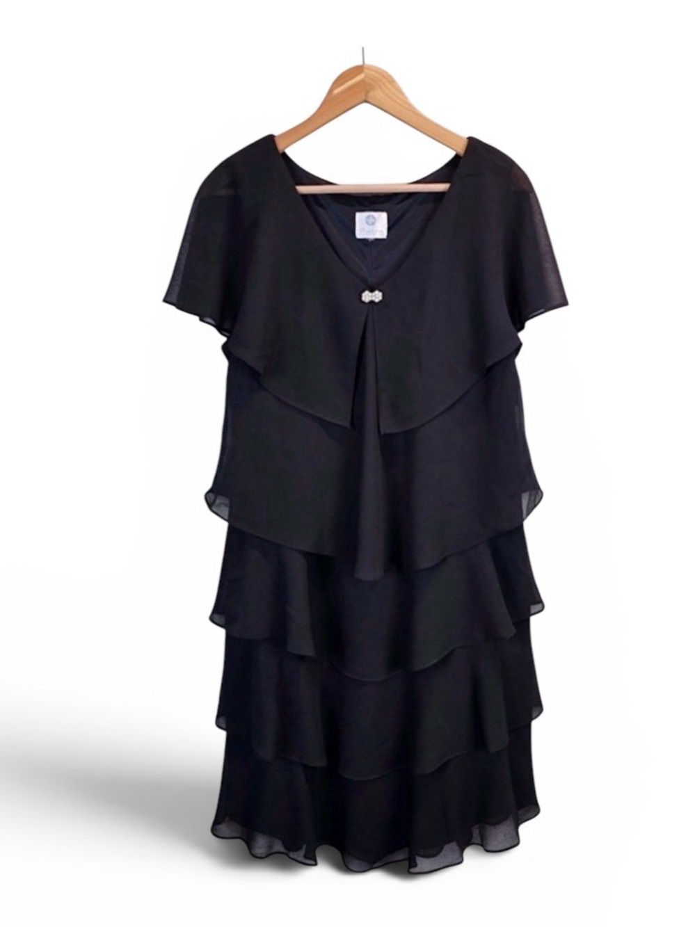 Patra Womens Black Tiered Chiffon Flutter Sleeve Cocktail Dress Size 14 Formal